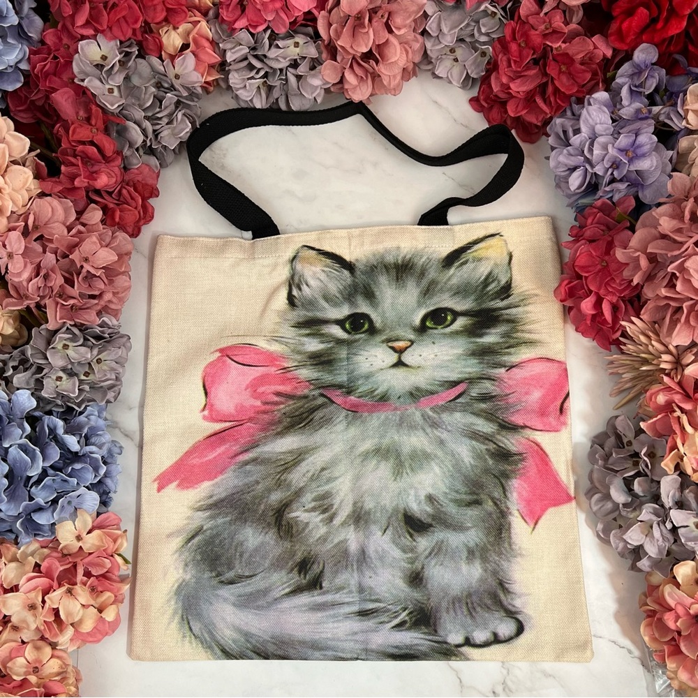Eco-Friendly Gray Persian Kitten with Pink Bow Folding Tote Bag - Picture 2 of 13